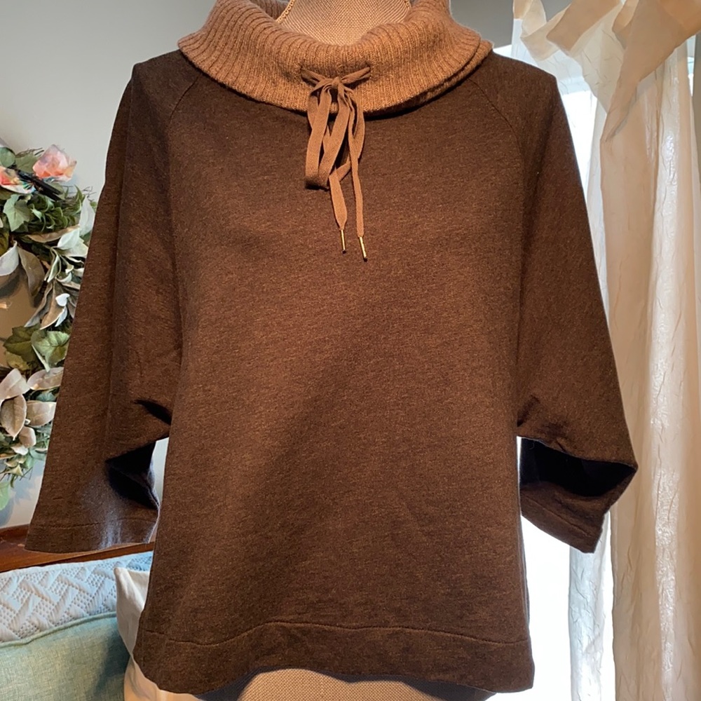 ANN TAYLOR Loft Cropped Batwing Sweatshirt with Knit Cowl Neck Cotton Grey Med